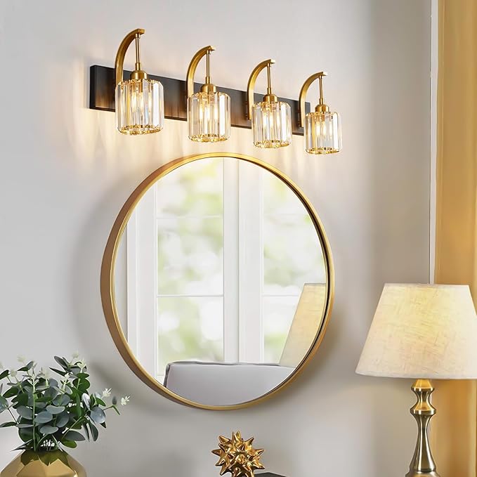 FDPBY 4-Light Crystal Vanity Light, Modern Black Gold Bathroom Wall Sconce - Image 6