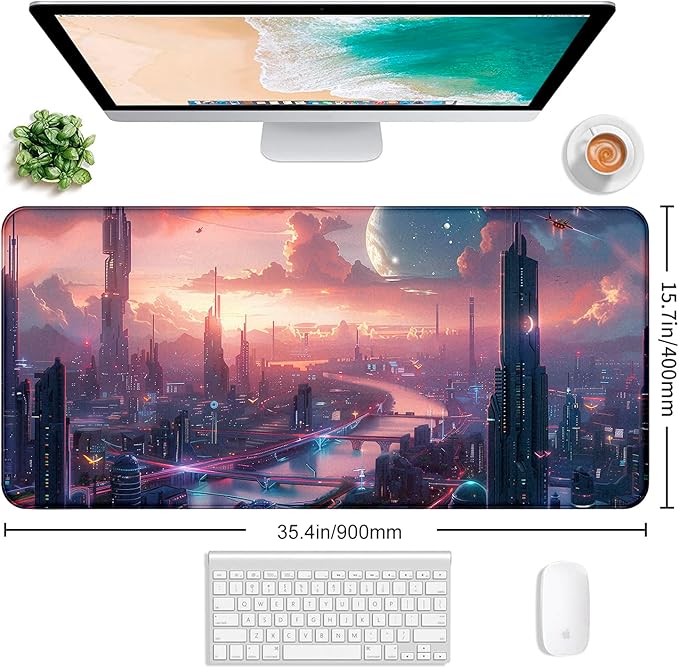 Digital Anime City Night View Office Art Desk Mat, Female Aesthetic Style - Image 2