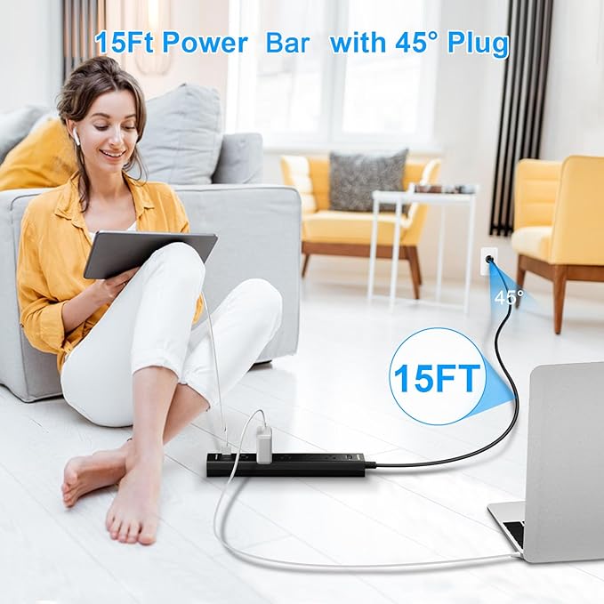 Surge Protector Power Strip 15 ft Cord-5 Widely Spaced Outlets 3 USB Ports - Image 6