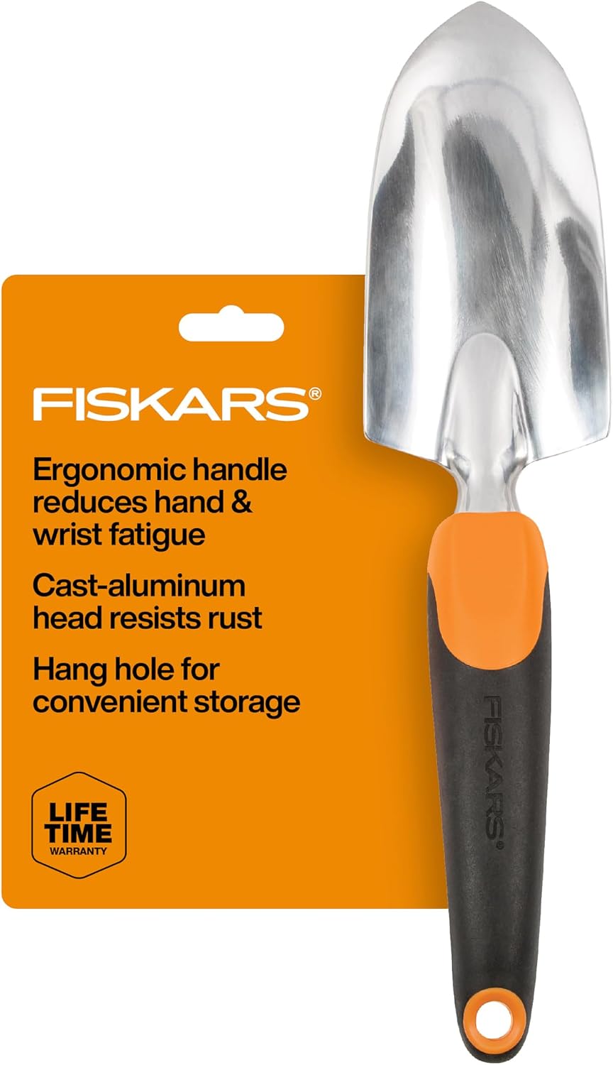 Fiskars Ergo Garden Trowel, Heavy Duty Hand Tool for Digging and Planting | Heavy-Duty Cast Aluminum Rust Resistant Head, Ergonomic Comfort Grip Handle, Hang Hole for Easy Storage, Yard Beds and Pots