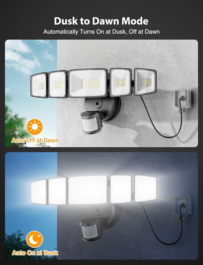 Onforu 5000LM Motion Sensor Outdoor Lights Plug in, 5 Head Motion Sensor Flood - Image 5