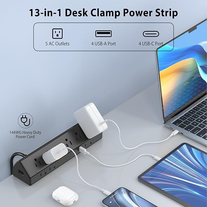 45W Fast Charging Station, Desk Clamp Power Strip, 4 PD USB-C Ports, 5 AC - Image 3
