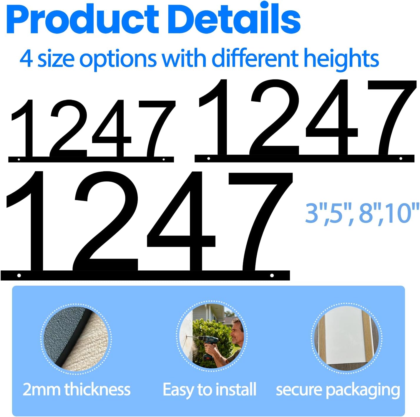 Custom Metal House Numbers Sign for Outside, Personalized Address Number Plaque, 5/8/10 Inch Metal House Numbers, Waterproof Rustproof Address Sign for Front Door, Mailbox, Porch, Exterior Wall