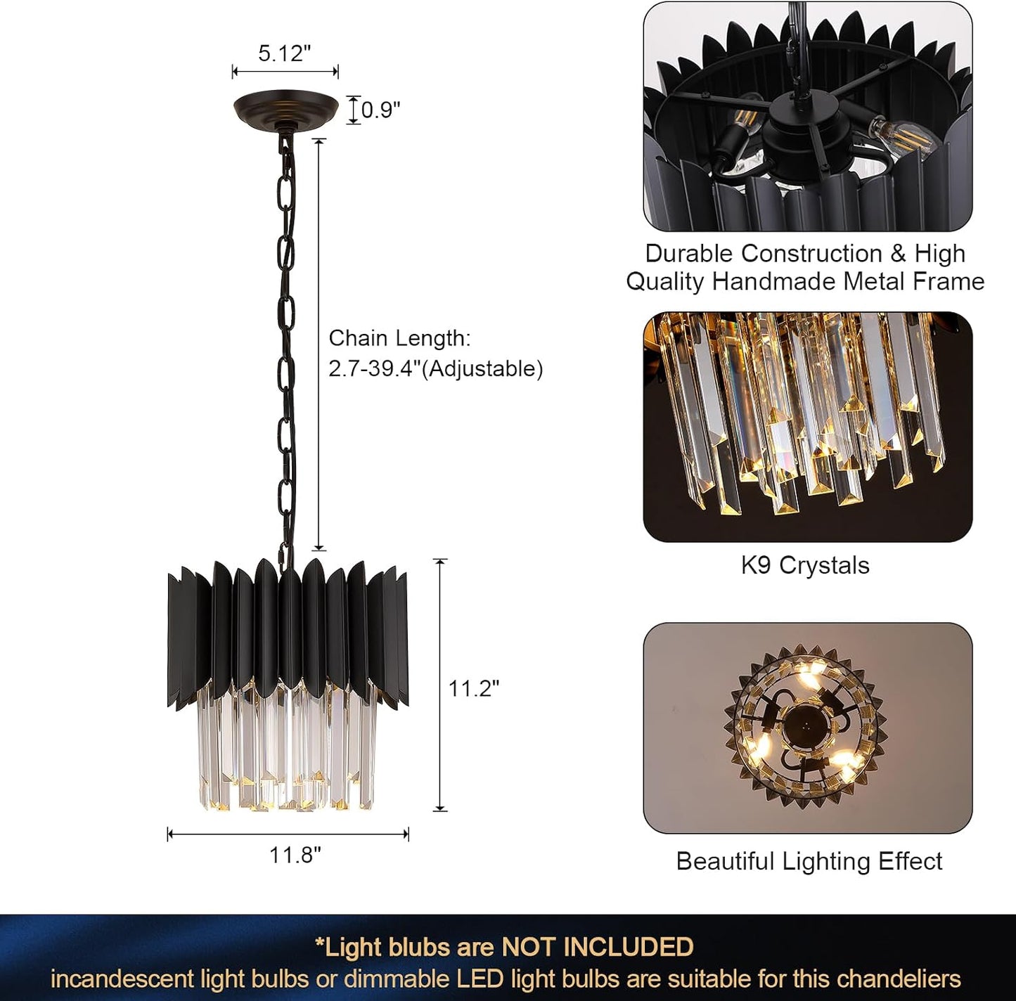 Black Crystal Chandelier Small K9 Crystal Round Pendant Lights 11.8in Adjustable Modern Crystal Ceiling Pendant Light Fixture 3-Lights for Dining Room Living Room Kitchen Foyer Entryway
