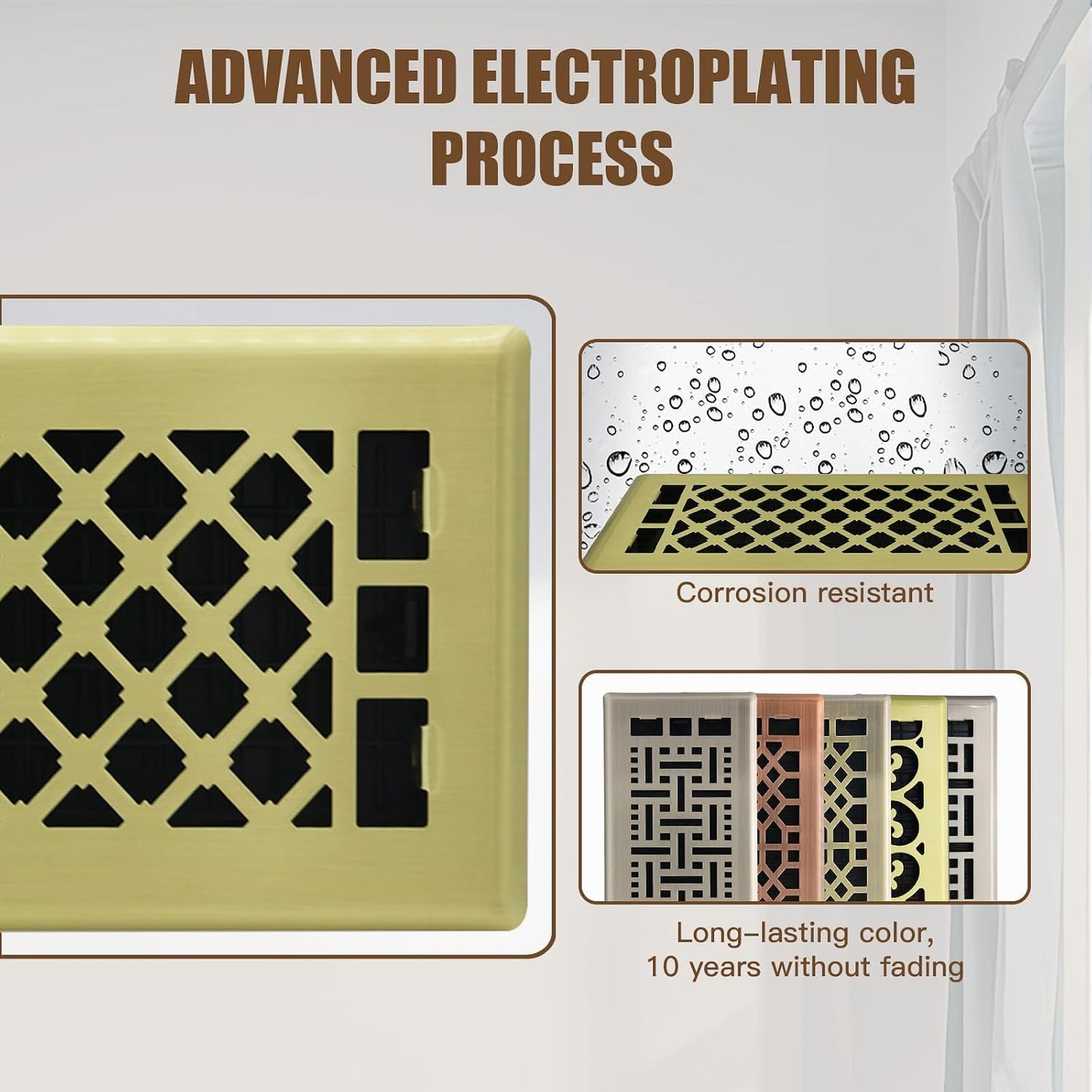 2-Pack 4x10 Decorative Floor Register Vent Cover, Brushed Gold, Lattice | Heavy-Duty Walkable Solid Steel, Adjustable Airflow Damper, Easy Drop-In Replacement