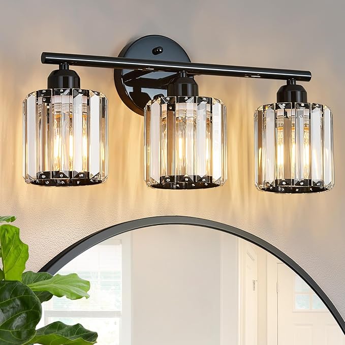 FDPBY Modern 3 Light Crystal Vanity Light, Plating Black Vertical Bathroom by FDPBY
