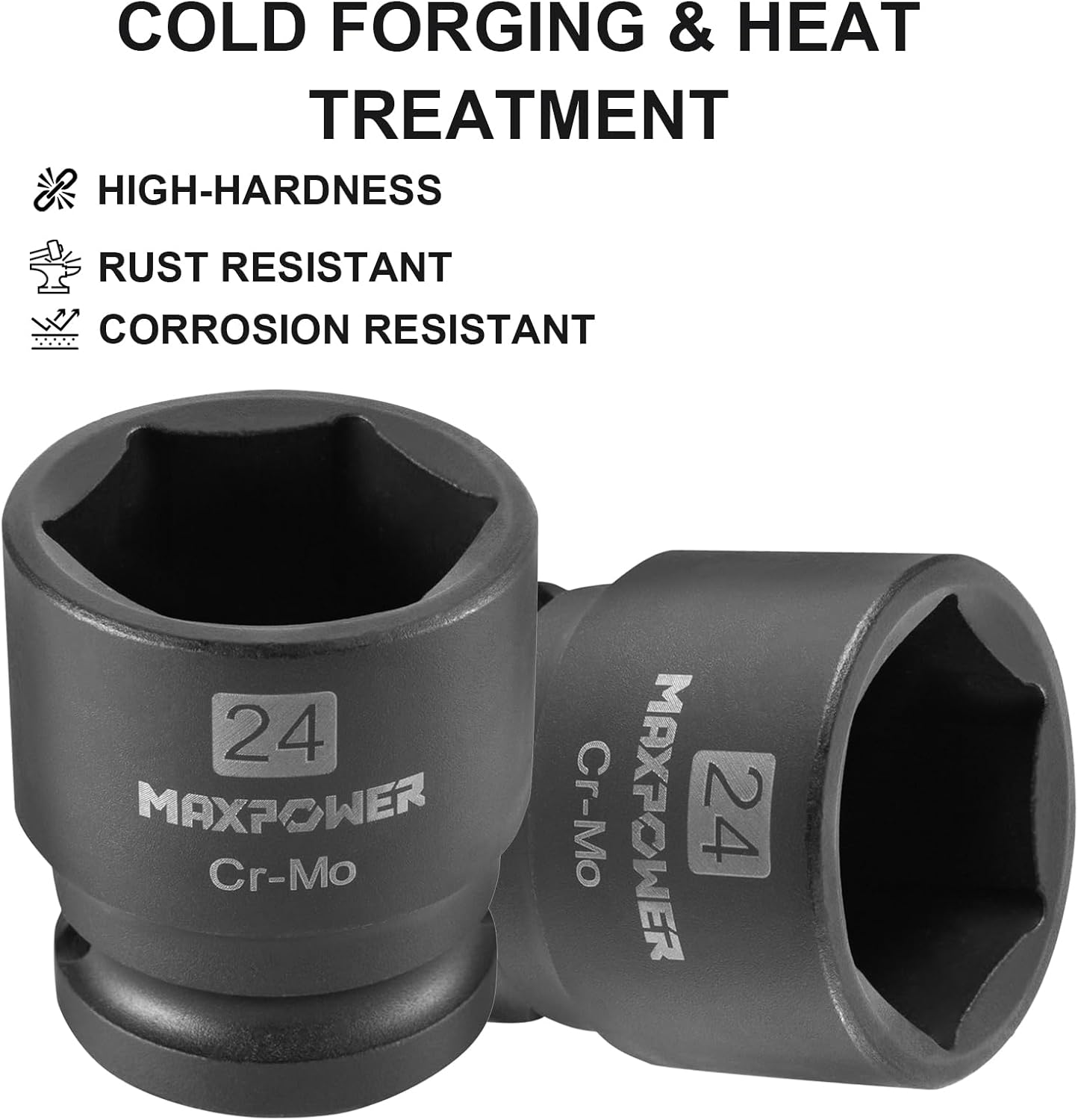 MAXPOWER 1/2" Drive 24mm Standard Impact Socket, Heat-Treated Chrome Molybdenum Steel, 6-Point Design, Metric