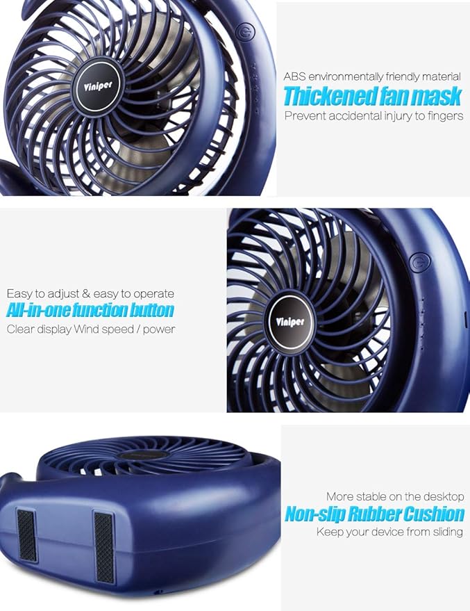 Viniper Portable Rechargeable Fan, Small Desk Fan : 3 Speeds & about 8-24 Hours - Image 3