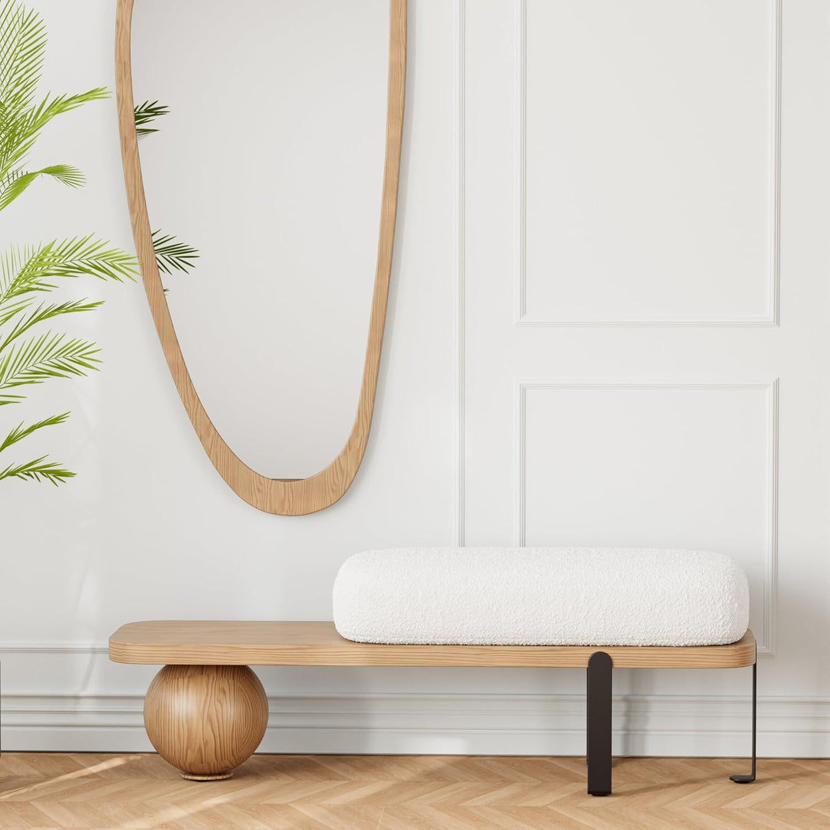 homary entryway bench, modern wooden boucle upholstered bench, main product view