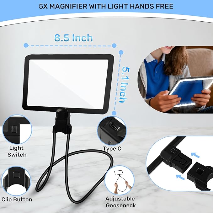 5X Neck Magnifying Glass with Light, Magnifier with Light Hands Free, Full Book - Image 4