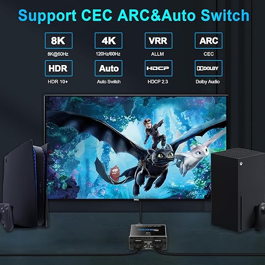HDMI 2.1 Audio Extractor 4K 120Hz VRR ALLM HDCP2.3 HDR10 ARC Switch 2 in 1 Out - Image 5