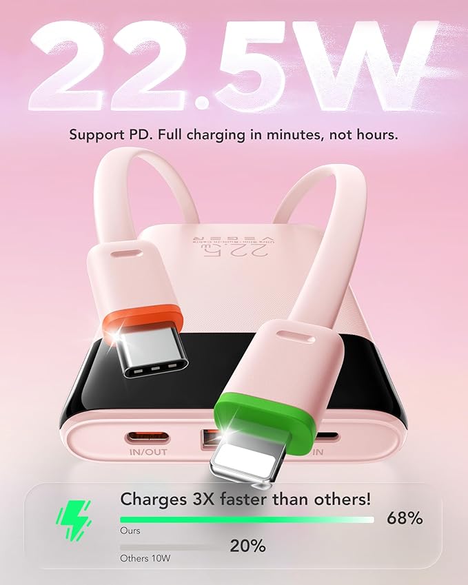 VEGER Portable Charger with Built in Cable, 10000mAh 22.5W Fast Charging USB C - Image 3