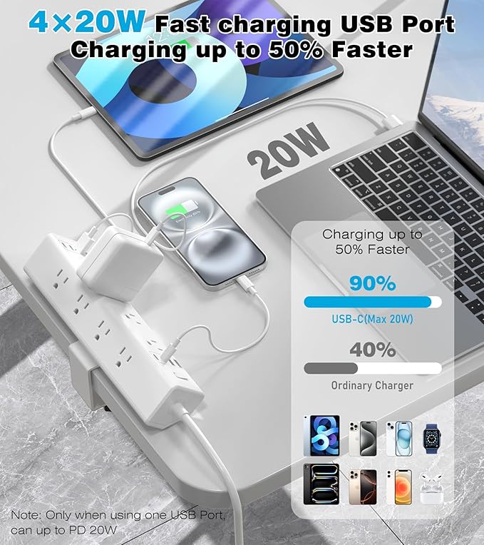 40W Fast Charging Station, Desk Clamp Power Strip, 4 USB-C Ports & 8 AC Outlets - Image 2