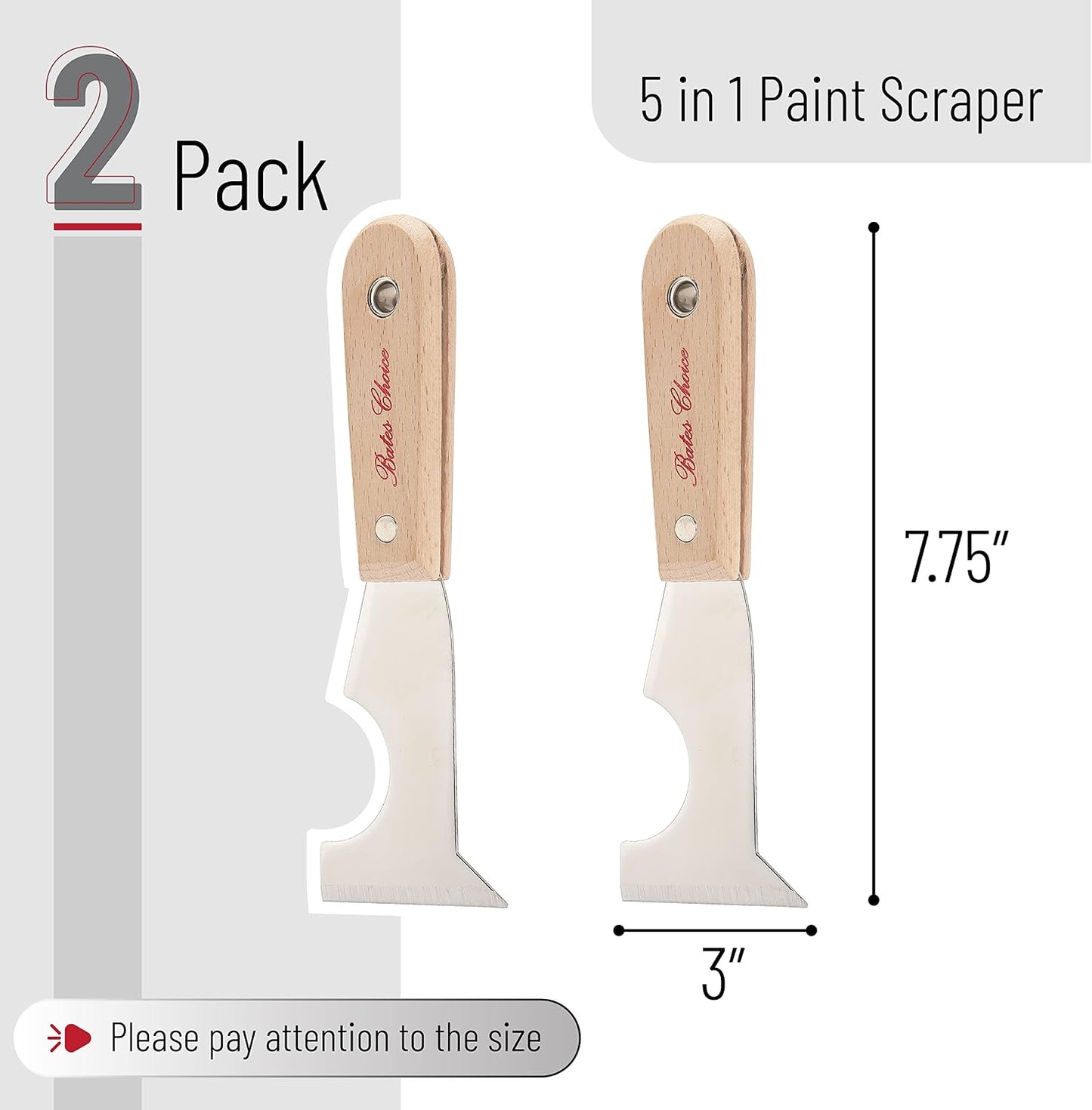 Bates- Paint Scraper, Taping knife, Pack of 2 Putty Knife Scraper, Scraper, 5 in 1 tools, Spackle Knife, Caulk Removal Tool, Painters Tool, Paint Can Opener, Paint Remover for Wood, Wallpaper Scraper