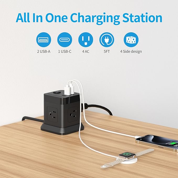 Power Strip with USB, FDTEK Flat Plug Extension Cord with 4 AC and 3 USB - Image 2