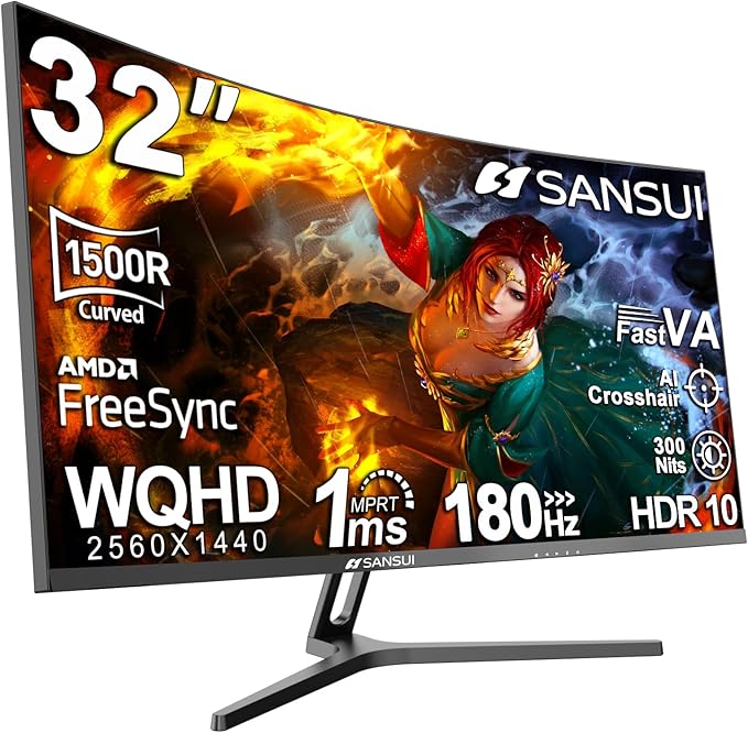 SANSUI 32-Inch Curved Gaming Monitor WQHD 2560 x 1440 180Hz Curved 1500R -Fast by SANSUI