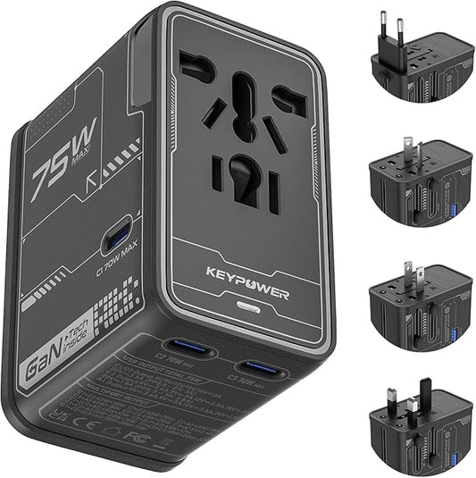 Universal Travel Adapter, 75W GaN International Power Adapter by KeyPower