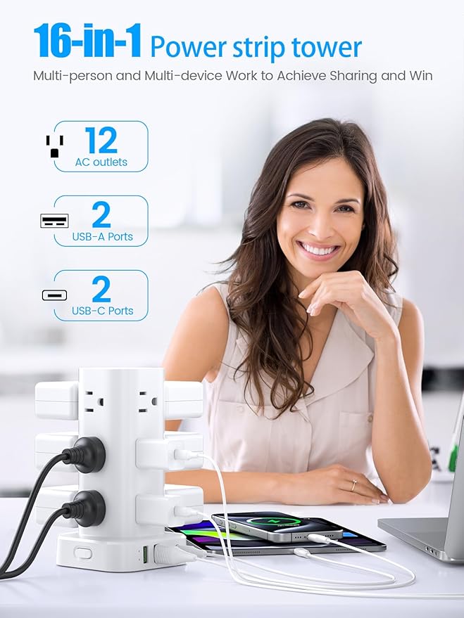 Tower Power Strips with Surge Protection, 6FT Flat Extension Cord with Multiple - Image 2