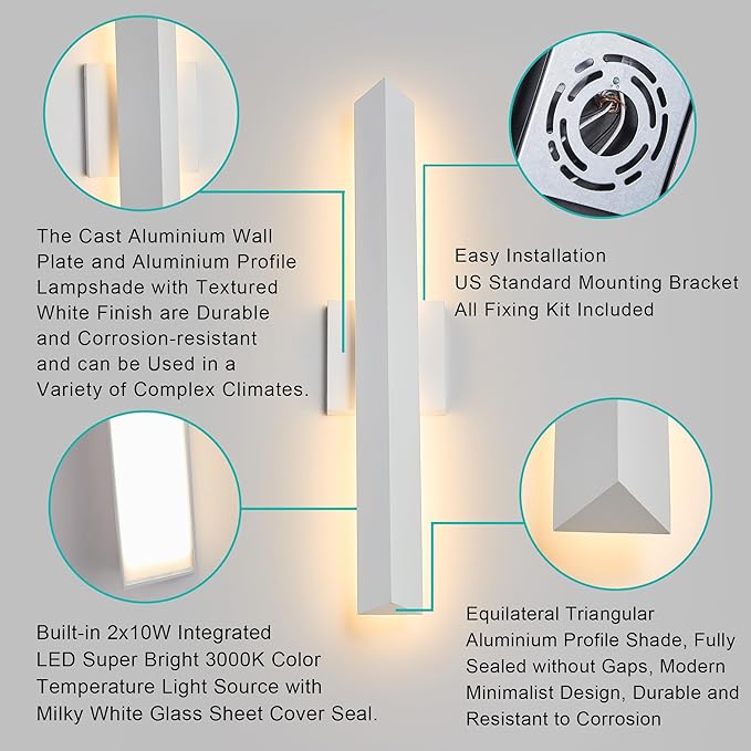 Tarentlight 2 Pack LED Outdoor Wall Lights Dimmable, 20W 3000K, 21.9" Modern - Image 6