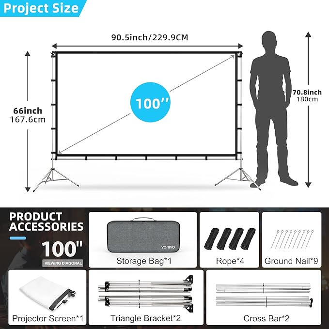 Projector Screen with Stand, Vamvo 100 inch Portable Foldable Projection Screen - Image 5