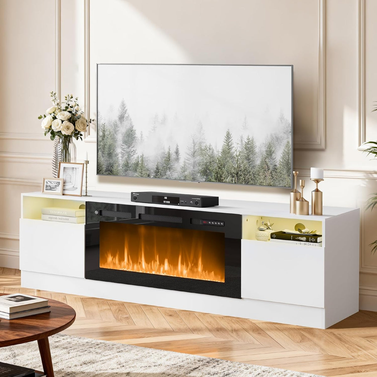 YISUFO 70" TV Stand with 36" Electric Fireplace, Large Modern Media