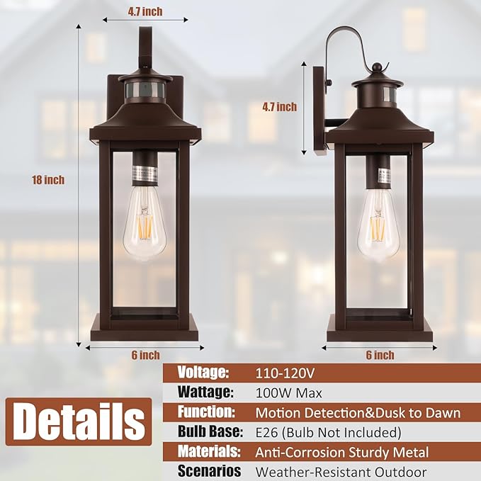 Roravilila 1-Pack 18 Inch Oil Rubbed Bronze Motion Sensor Outdoor Wall Lantern - Image 4