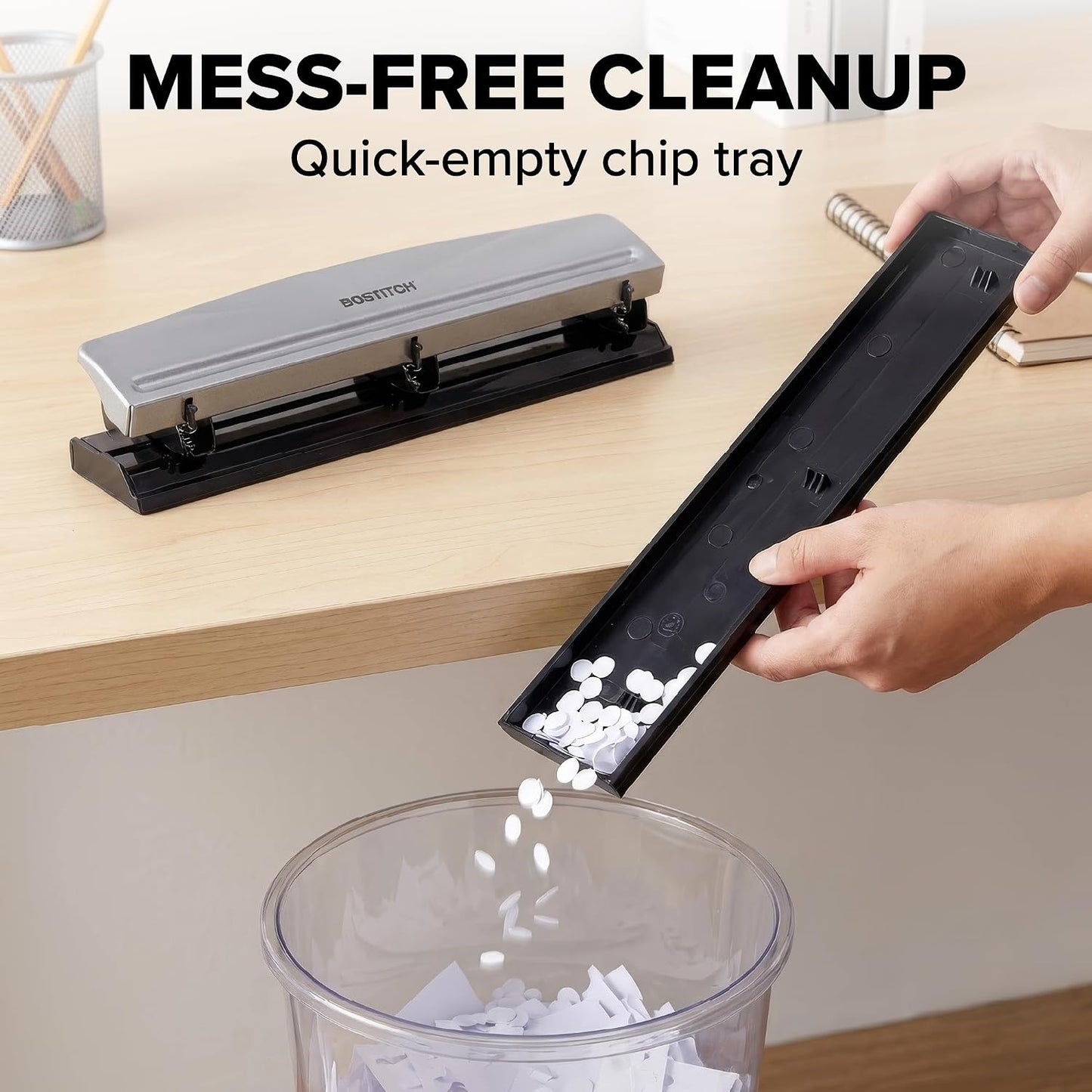 Bostitch Office Premium 3 Hole Punch, 15 Sheet Capacity, Metal, Rubber Base, Easy-Clean Tray, Silver, 2-Pack