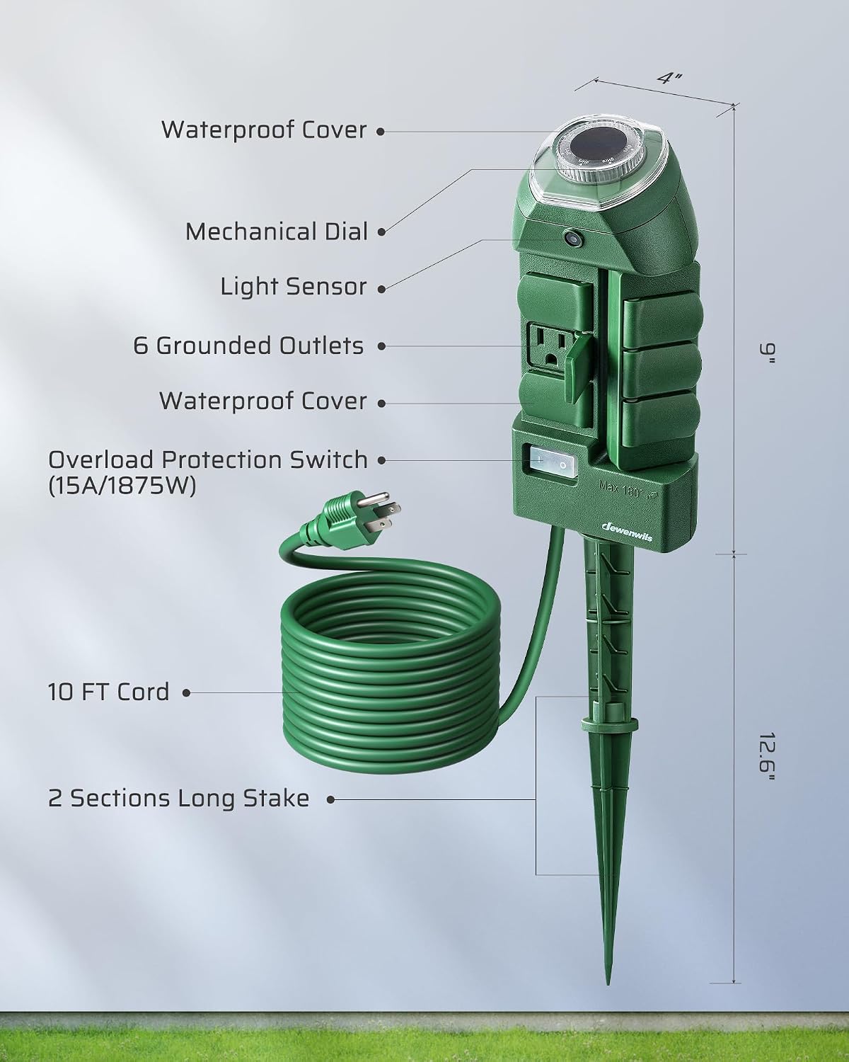 DEWENWILS Outdoor Power Strip Timer with Photocell, 6 Outlets 10ft Cord | Waterproof Countdown Light Control, Dusk to Dawn Timer, Works for Garden, Yard, Patio Lights, Decoration, 1875W/15A UL Listed
