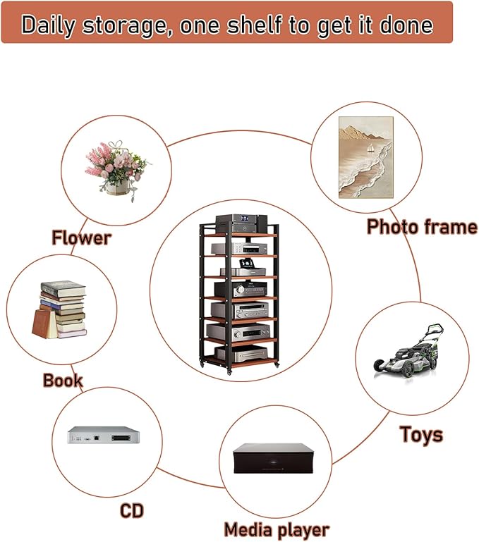 Dernoing 7 Tier Audio Rack Tower, CD Record Player Stereo Receiver AV Equipment - Image 7
