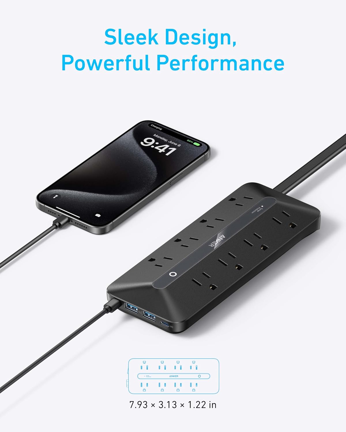 Anker Power Strip, 900J Surge Protector, 35W Max | Flat Plug Extension Cord with Multiple Outlets, 8 AC, 2 USB A, 2 USB C, 5ft Outlet Extender, Dorm Room Essentials,Home Office