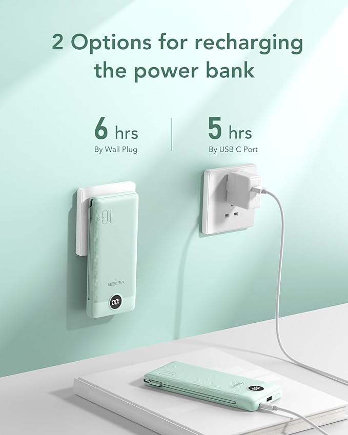 VEGER Portable Charger with Built-in AC Plug and Cables, All in One 10000mAh - Image 5