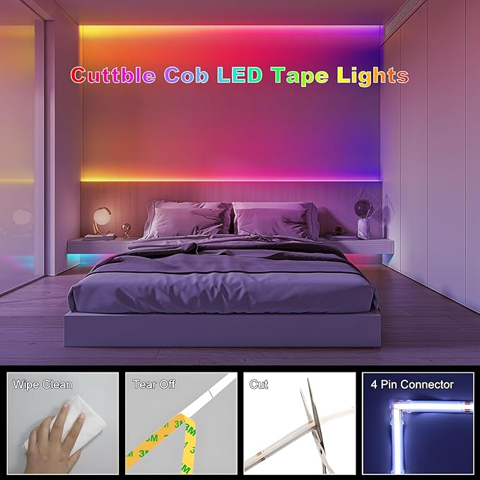 BUNACET 20FT LED Strip Lights COB Smart IC, 24V RGB LED Lights - Image 8