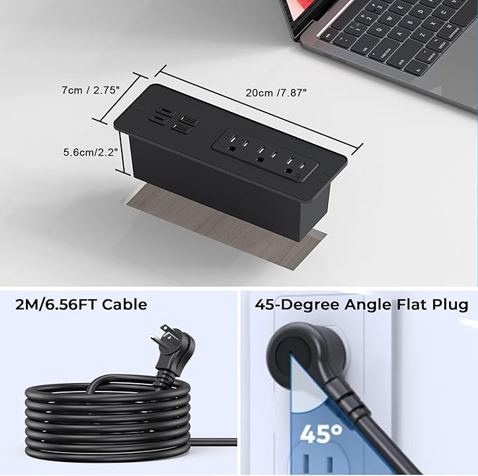 Drawer Outlet with PD 65W USB C, Recessed Power Strip with 3 Outlets 4 USB Ports - Image 6