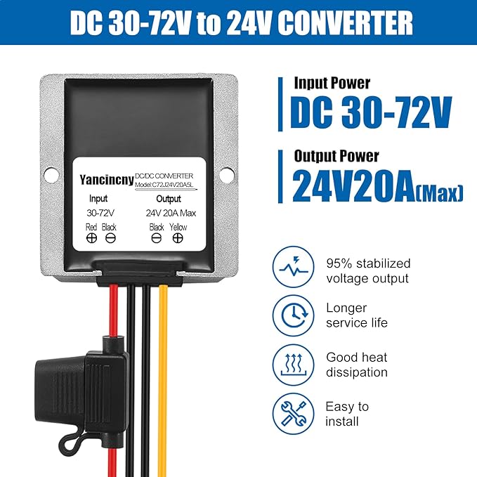 Yancincny 20A 480W 24V DC 36V/48V/60V/72V Step Down to 24V 20A 480W DC - Image 2