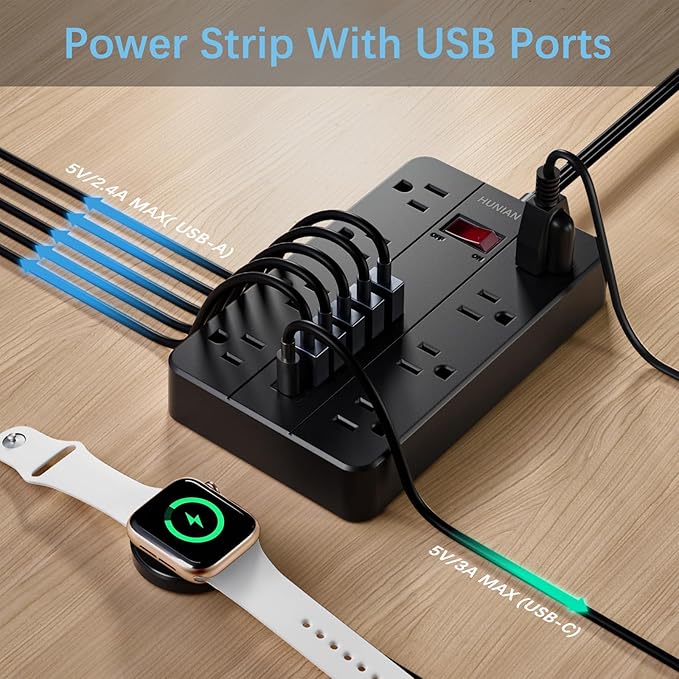15 Ft Long Extension Cord Power Strip Surge Protector, HUNIAN Flat Plug - Image 4