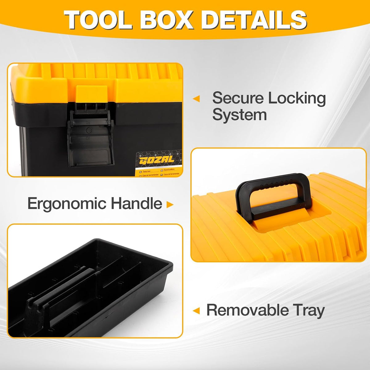 tool box set of 4, large plastic stackable, close-up detail