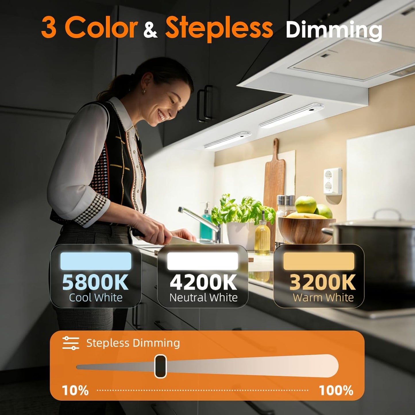 RUIKORING 8.5" Under Cabinet Lighting 6 Pack, 3 Colors, Motion Sensor Light Indoor,48 LED Rechargeable Closet Lights, Dimmable Under Counter Lights, Stick-On Magnetic Cabinet Night Lights for Kitchen