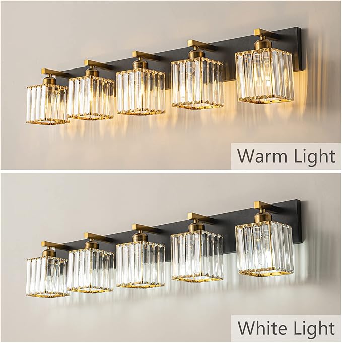 FDPBY Modern Bathroom Vanity Light 5-Lights Black Gold Crystal Bathroom Wall - Image 2