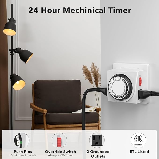 BN-LINK Heavy Duty Mechanical 24 Hour Timer Dual Outlet 3-Prong Accurate Indoor - Image 2