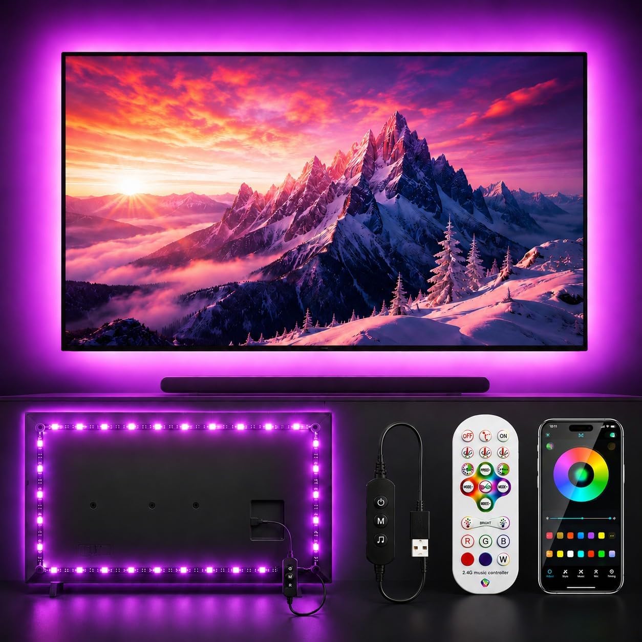 MORIACC 18ft TV LED Backlight for 45-75 Inch TVs, RGB LED Lights for TV with Music Sync, Bluetooth APP & Remote Control, USB Powered Ambient Lighting for Gaming, Movies, Bedroom & Home Theater