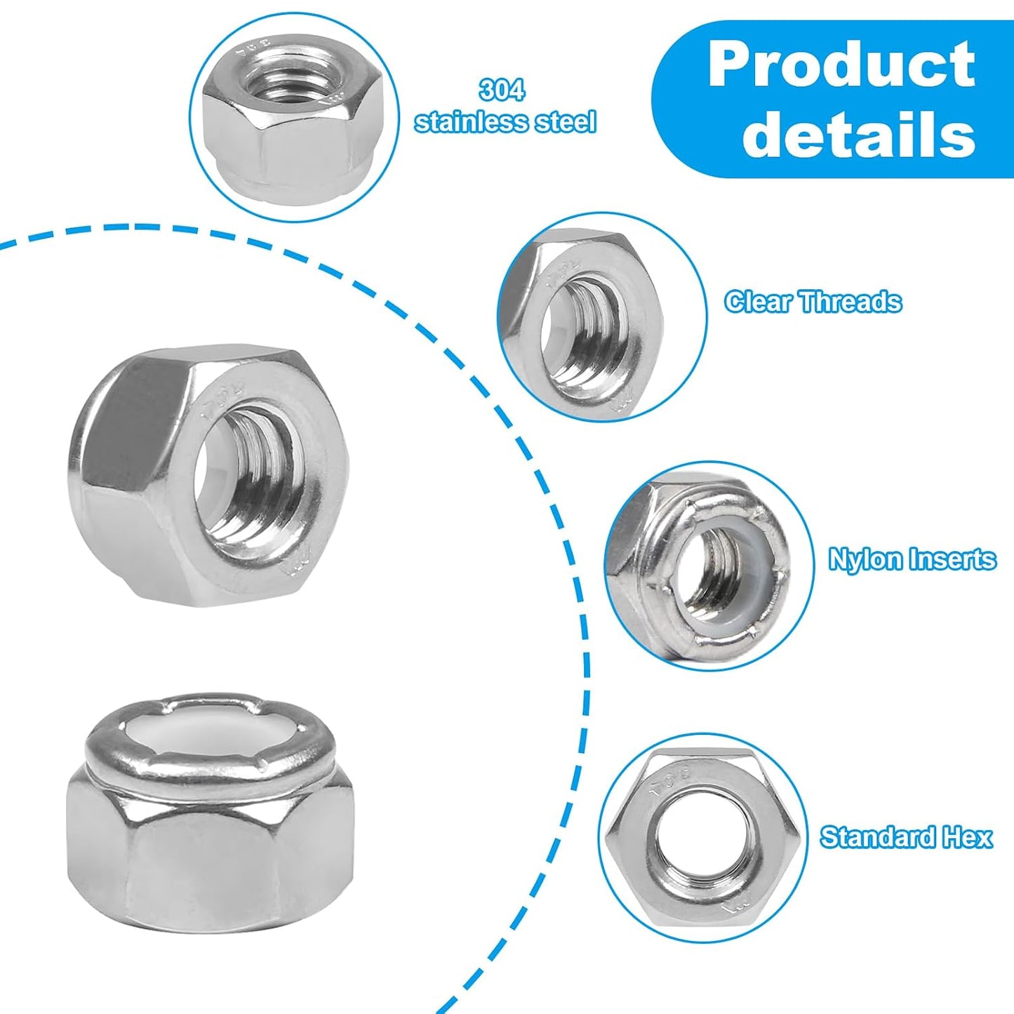 120PCS #8-32 Nylon Insert Hex Lock Nuts,304 Stainless Steel | Locknuts,Hex Drive,Coarse Thread,Self-Locking Nuts for Industrial Construction Fasteners