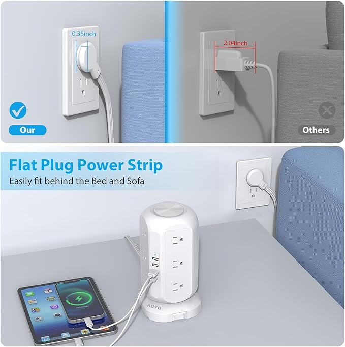 15 ft Long Extension Cord Power Strip Tower, AOFO Surge Protector 12 AC Outlets - Image 4