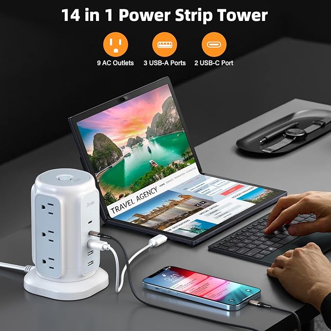 BESFAN Power Strip Tower, 1625W Surge Protector - Image 2