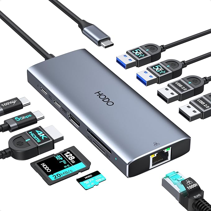 USB C Hub Multiport Adapter, 10-in-1 Laptop USB C Docking Station by HODO
