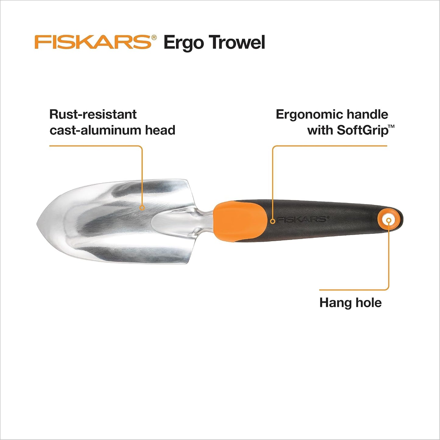 Fiskars Ergo Garden Trowel, Heavy Duty Hand Tool for Digging and Planting | Heavy-Duty Cast Aluminum Rust Resistant Head, Ergonomic Comfort Grip Handle, Hang Hole for Easy Storage, Yard Beds and Pots