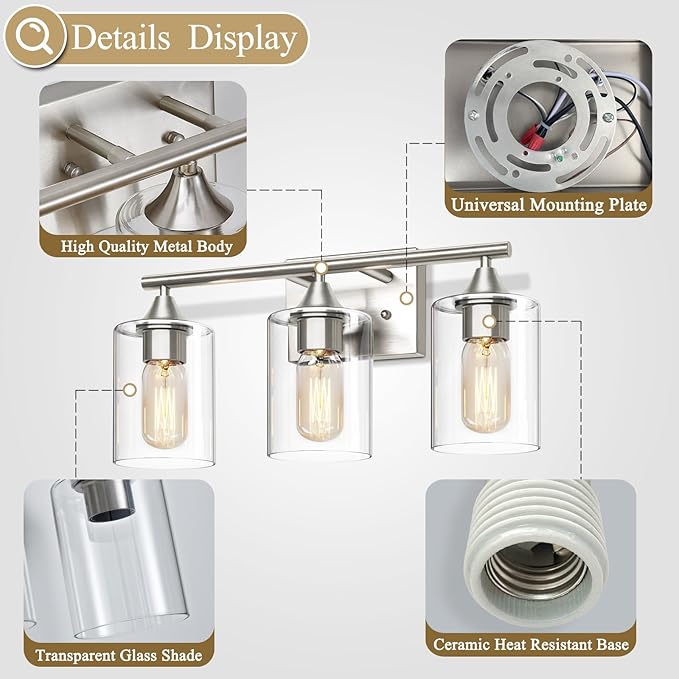 XPEHK 3-Light Bathroom Light Fixtures, Brushed Nickel Vanity Light, Modern - Image 5