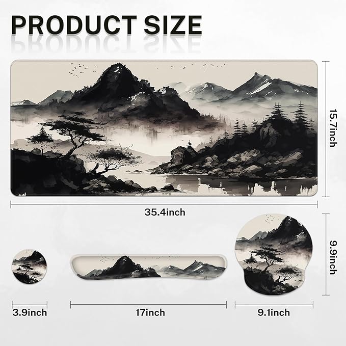 Britimes Black Ink Landscape Keyboard Mouse Pad Set 4in1 Large - Image 3