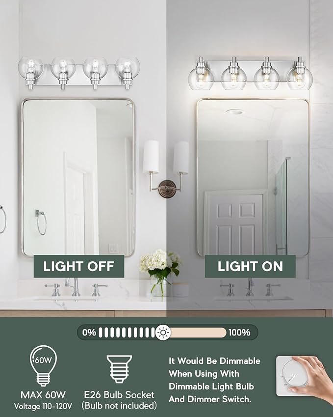 METWET Bathroom Light Fixtures, 4 Light Brushed Nickel Vanity Light, 26 Inch - Image 2