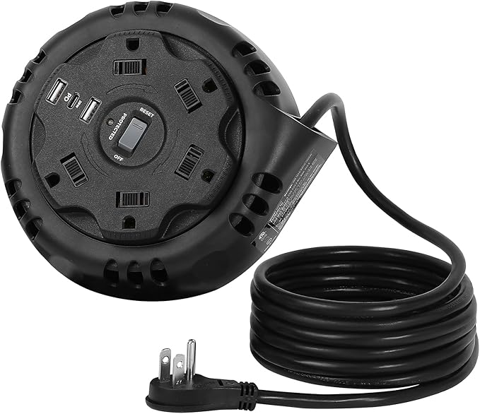 10ft Flat Plug Surge Protector Power Strip, Retractable Extension Cord by DUKVI