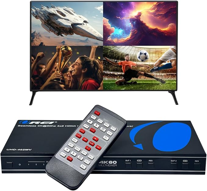 OREI 4K Multi HDMI Viewer Quad 4 in 2 Out, Matrix Switcher 4 Ports Seamless IR by OREI